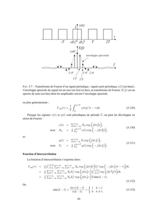 T
t
x ( t )
f
A q / T
2 / T
2 T- T
1
1 / T
X ( f )
1 / q- 1 / q 2 / q
e n v e l o p p e s p e c t r a l e
- q / 2 q / 2
FIG. 5.7 – Transformée de Fourier d’un signal périodique : signal carré périodique x(t) (en haut) ;
l’enveloppe spectrale du signal est un sinc (en tiret en bas), sa transformée de Fourier X(f) est un
spectre de raies (en bas) dont les amplitudes suivent l’enveloppe spectrale
ou plus généralement :
Γxy(τ) =
1
T
t0+T
t0
x(t)y∗
(t − τ)dt. (5.129)
Puisque les signaux x(t) et y(t) sont périodiques de période T, on peut les développer en
séries de Fourier :
x(t) = +∞
k=−∞ Xk exp j2π k
T t ,
avec Xk = 1
T
t0+T
t0
x(t) exp − j2π k
T t ,
(5.130)
et :
y(t) = +∞
l=−∞ Yl exp j2π l
T t ,
avec Yl = 1
T
t0+T
t0
y(t) exp − j2π l
T t .
(5.131)
Fonction d’intercorrélation
La fonction d’intercorrélation s’exprime alors :
Γxy(τ) = 1
T
+T/2
−T/2
+∞
k=−∞
+∞
l=−∞ Xk exp j2π k
T t Y ∗
l exp − j2π l
T (t − τ) dt,
= 1
T
+∞
k=−∞
+∞
l=−∞ XkY ∗
l exp j2π l
T τ
+T/2
−T/2 exp j2πk−l
T t dt,
= 1
T
+∞
k=−∞
+∞
l=−∞ XkY ∗
l exp j2π l
T τ Tsinc(k − l).
(5.132)
Or,
sinc(k − l) =
sin π(k − l)
π(k − l)
=
1 k = l
0 k = l,
(5.133)
69
 