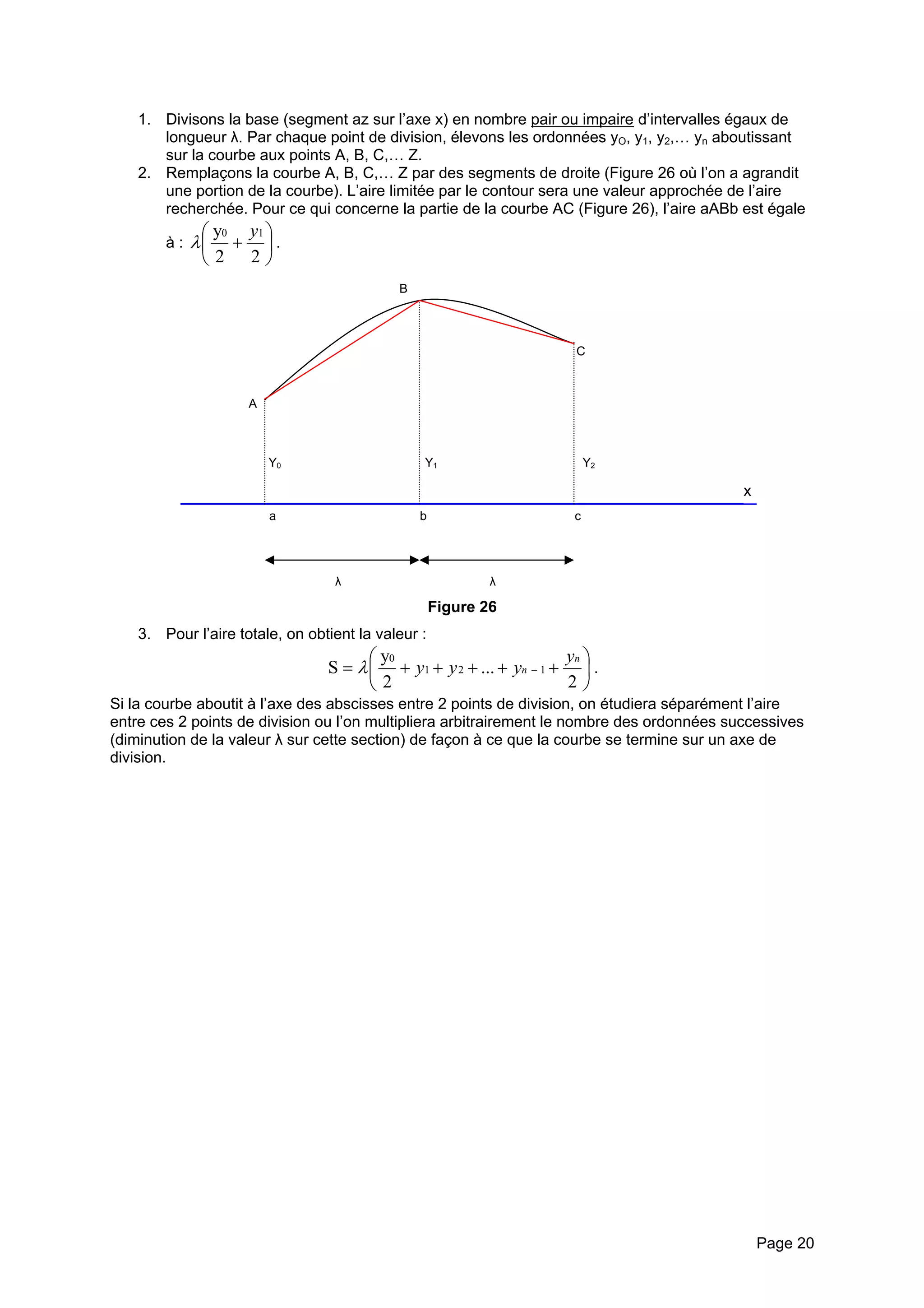 1. Divisons la base (segment az sur l’axe x) en nombre pair ou impaire d’intervalles égaux de longueur λ. Par chaque point de division, élevons les ordonnées yO, y1, y2,… yn aboutissant sur la courbe aux points A, B, C,… Z. 
2. Remplaçons la courbe A, B, C,… Z par des segments de droite (Figure 26 où l’on a agrandit une portion de la courbe). L’aire limitée par le contour sera une valeur approchée de l’aire recherchée. Pour ce qui concerne la partie de la courbe AC (Figure 26), l’aire aABb est égale à : ⎟⎠ ⎞ ⎜⎝ ⎛+ 22y10yλ. 
c 
b 
a 
C 
B 
Y0 
Y1 
Y2 
x 
A 
λ 
λ 
Figure 26 
3. Pour l’aire totale, on obtient la valeur : ⎟⎠ ⎞ ⎜⎝ ⎛+++++=− 2... 2yS1210nnyyyyλ. 
Si la courbe aboutit à l’axe des abscisses entre 2 points de division, on étudiera séparément l’aire entre ces 2 points de division ou l’on multipliera arbitrairement le nombre des ordonnées successives (diminution de la valeur λ sur cette section) de façon à ce que la courbe se termine sur un axe de division. 
Page 20 
 