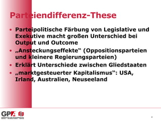 Parteiendifferenz-These Parteipolitische Färbung von Legislative und Exekutive macht großen Unterschied bei Output und Outcome „ Ansteckungseffekte“ (Oppositionsparteien und kleinere Regierungsparteien) Erklärt Unterschiede zwischen Gliedstaaten „ marktgesteuerter Kapitalismus“: USA, Irland, Australien, Neuseeland 