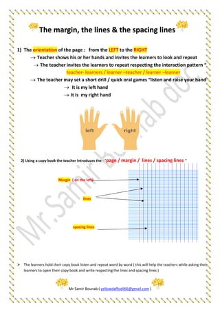 1) The orientation of the page : from the LEFT to the RIGHT
 Teacher shows his or her hands and invites the learners to look and repeat
 The teacher invites the learners to repeat respecting the interaction pattern “
teacher- learners / learner –teacher / learner –learner
 The teacher may set a short drill / quick oral games “listen and raise your hand”
 It is my left hand
 It is my right hand
2) Using a copy book the teacher introduces the : “page / margin / lines / spacing lines “
Margin ( on the left)
lines
spacing lines
 The learners hold their copy book listen and repeat word by word ( this will help the teachers while asking their
learners to open their copy book and write respecting the lines and spacing lines )
Mr Samir Bounab ( yellowdaffodil66@gmail.com )
The margin, the lines & the spacing lines
 