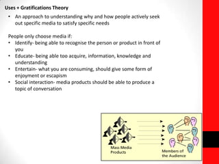 Uses + Gratifications Theory
• An approach to understanding why and how people actively seek
out specific media to satisfy specific needs
People only choose media if:
• Identify- being able to recognise the person or product in front of
you
• Educate- being able too acquire, information, knowledge and
understanding
• Entertain- what you are consuming, should give some form of
enjoyment or escapism
• Social interaction- media products should be able to produce a
topic of conversation
 