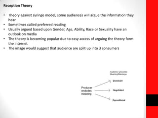 Reception Theory
• Theory against syringe model, some audiences will argue the information they
hear
• Sometimes called preferred reading
• Usually argued based upon Gender, Age, Ability, Race or Sexuality have an
outlook on media
• The theory is becoming popular due to easy access of arguing the theory form
the internet
• The image would suggest that audience are split up into 3 consumers
 