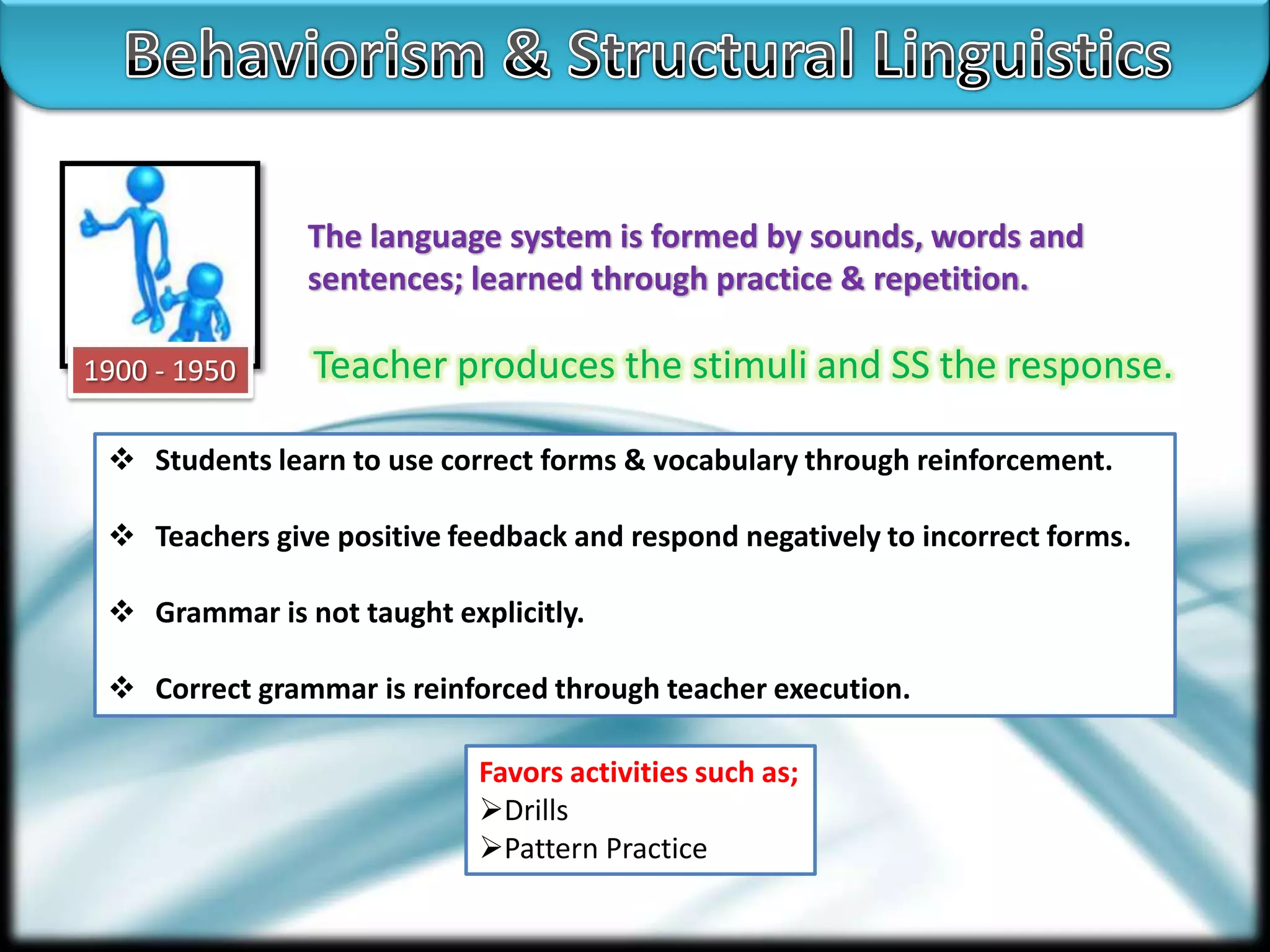The language system is formed by sounds, words and
sentences; learned through practice & repetition.
1900 - 1950

Teacher produces the stimuli and SS the response.

 Students learn to use correct forms & vocabulary through reinforcement.
 Teachers give positive feedback and respond negatively to incorrect forms.
 Grammar is not taught explicitly.
 Correct grammar is reinforced through teacher execution.
Favors activities such as;
Drills
Pattern Practice

 