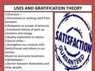 USES AND GRATIFICATION THEORY
2.Diversion –
a.Stimulation or seeking releif from
boredom.
b.Relaxation or escape of pressure.
c.Emotional release of pent up
emotions and energy.
d.Reality exploration or advice.
3.Social Utility –
a.Strengthen our contacts with
family,friends and others in our
society.
Means to overcome loneliness.
4.Withdrawal –
a.Barrier between themselves and
other people.
 
