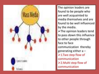 The opinion leaders are
found to be people who
are well acquainted to
media themselves and are
found to be well influenced
by the media.
The opinion leaders tend
to pass down this influence
to other people through
face to face
communication thereby
generating either a –
1.Two step flow of
communication
2.Multi step flow of
communication
 