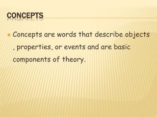 CONCEPTS
 Concepts are words that describe objects
, properties, or events and are basic
components of theory.
 