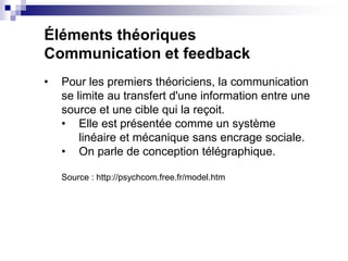 Éléments théoriques
Communication et feedback
• Pour les premiers théoriciens, la communication
se limite au transfert d'u...