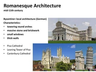 Romanesque Architecture
mid-11th century
Byzantine+ local architecture (German)
Characteristics:
• towering round arches
• massive stone and brickwork
• small windows
• thick walls
• Pisa Cathedral
• Leaning Tower of Pisa
• Canterbury Cathedral
 