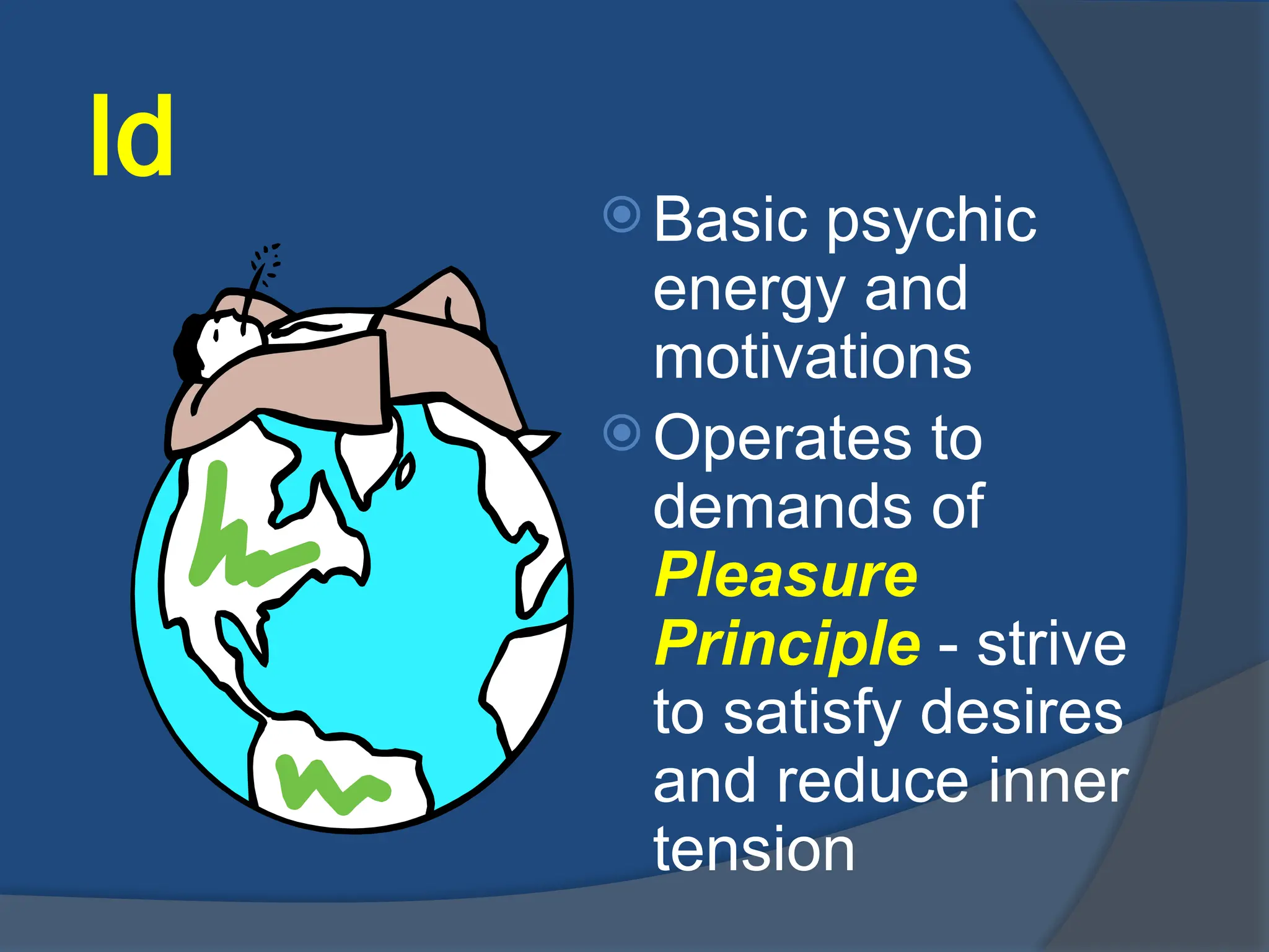 Id
 Basic psychic
energy and
motivations
 Operates to
demands of
Pleasure
Principle - strive
to satisfy desires
and reduce inner
tension
 