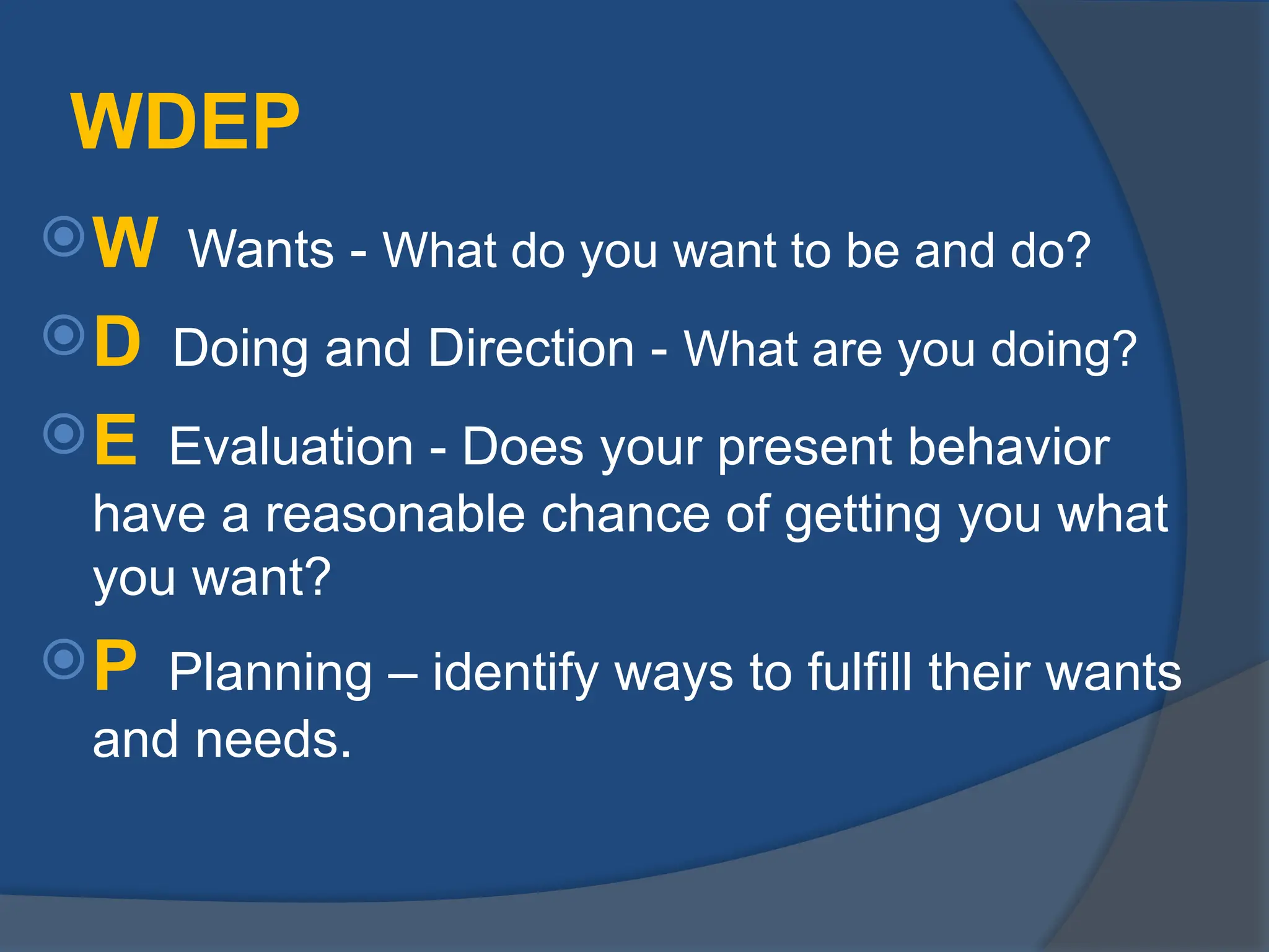 WDEP
W Wants - What do you want to be and do?
D Doing and Direction - What are you doing?
E Evaluation - Does your present behavior
have a reasonable chance of getting you what
you want?
P Planning – identify ways to fulfill their wants
and needs.
 