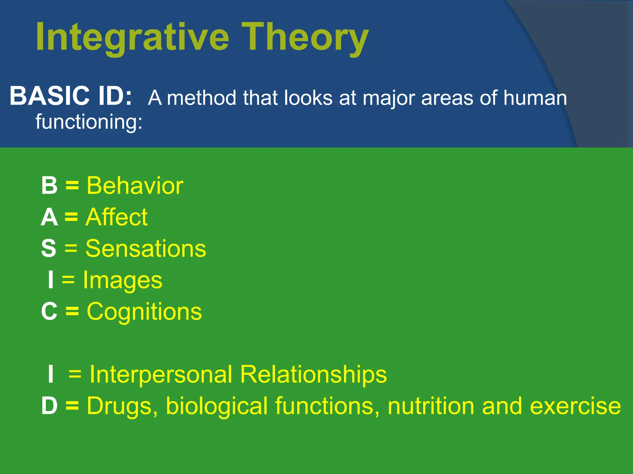 Integrative Theory
BASIC ID: A method that looks at major areas of human
functioning:
“Copyright © Allyn & Bacon 2004”
B = Behavior
A = Affect
S = Sensations
I = Images
C = Cognitions
I = Interpersonal Relationships
D = Drugs, biological functions, nutrition and exercise
 