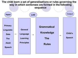 The child learn a set of generalizations or rules governing the way in which sentences are formed in the following sequence Primary  Linguistic  Data The  Adult Speech General Language Learning Principles Grammatical  Knowledge The  Rules Child’s Speech Input LAD Output 
