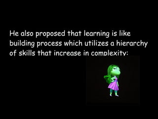 He also proposed that learning is like
building process which utilizes a hierarchy
of skills that increase in complexity:
 