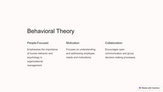 Behavioral Theory
People-Focused
Emphasizes the importance
of human behavior and
psychology in
organizational
management.
Motivation
Focuses on understanding
and addressing employee
needs and motivations.
Collaboration
Encourages open
communication and group
decision-making processes.
 