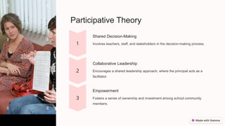 Participative Theory
Shared Decision-Making
Involves teachers, staff, and stakeholders in the decision-making process.
Collaborative Leadership
Encourages a shared leadership approach, where the principal acts as a
facilitator.
Empowerment
Fosters a sense of ownership and investment among school community
members.
 