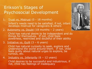Erikson’s Stages of
Psychosocial Development
1.   Trust vs. Mistrust (0 - 18 months)
    Infant’s needs need to be satisfied, if not, infant
    develops mistrust for caregivers & others
2. Autonomy vs. Doubt (18 months – 2 years)
     Child has natural desire to be independent and do
     things for themselves. If not, child feels
     powerless, restricted and doubtful of their ability
3. Initiative vs. Guilt (3 – 6 years)
     Child has natural curiosity to seek, explore and
     understand the world around them. If not, child
     feels guilty about natural urges to explore, be
     curious, etc.
4.   Industry vs. Inferiority (6 – 12 years)
     Child desires to be successful and industrious, if
     not, child has feelings of inadequacy
 