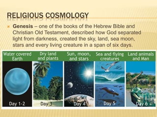 RELIGIOUS COSMOLOGY
 Genesis – one of the books of the Hebrew Bible and
Christian Old Testament, described how God separated
light from darkness, created the sky, land, sea moon,
stars and every living creature in a span of six days.
 