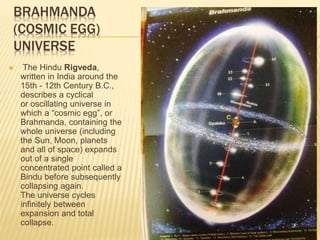 BRAHMANDA
(COSMIC EGG)
UNIVERSE
 The Hindu Rigveda,
written in India around the
15th - 12th Century B.C.,
describes a cyclical
or oscillating universe in
which a “cosmic egg”, or
Brahmanda, containing the
whole universe (including
the Sun, Moon, planets
and all of space) expands
out of a single
concentrated point called a
Bindu before subsequently
collapsing again.
The universe cycles
infinitely between
expansion and total
collapse.
 