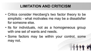 LIMITATION AND CRITICISM
• Critics consider Herzberg's two factor theory to be
simplistic - what motivates me may be a dissatisfier
for someone else.
• Its for individuals, not as a homogeneous group
with one set of wants and needs.
• Some factors may be within your control, some
may not.
 