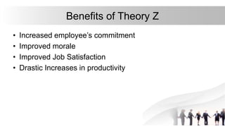 Benefits of Theory Z
• Increased employee’s commitment
• Improved morale
• Improved Job Satisfaction
• Drastic Increases in productivity
 