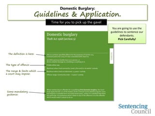 Domestic Burglary:
Guidelines & Application.
The definition is here:
The type of offence:
The range & limits which
a court may impose:
Some mandatory
guidance:
You are going to use the
guidelines to sentence our
defendants.
Pick Carefully!
Time for you to pick up the gavel
 