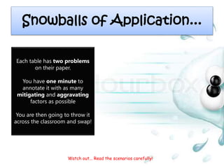 Snowballs of Application...
Each table has two problems
on their paper.
You have one minute to
annotate it with as many
mitigating and aggravating
factors as possible
You are then going to throw it
across the classroom and swap!
Watch out... Read the scenarios carefully!
 