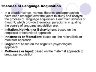 Theories of Language Acquisition ,[object Object],[object Object],[object Object],[object Object],[object Object]