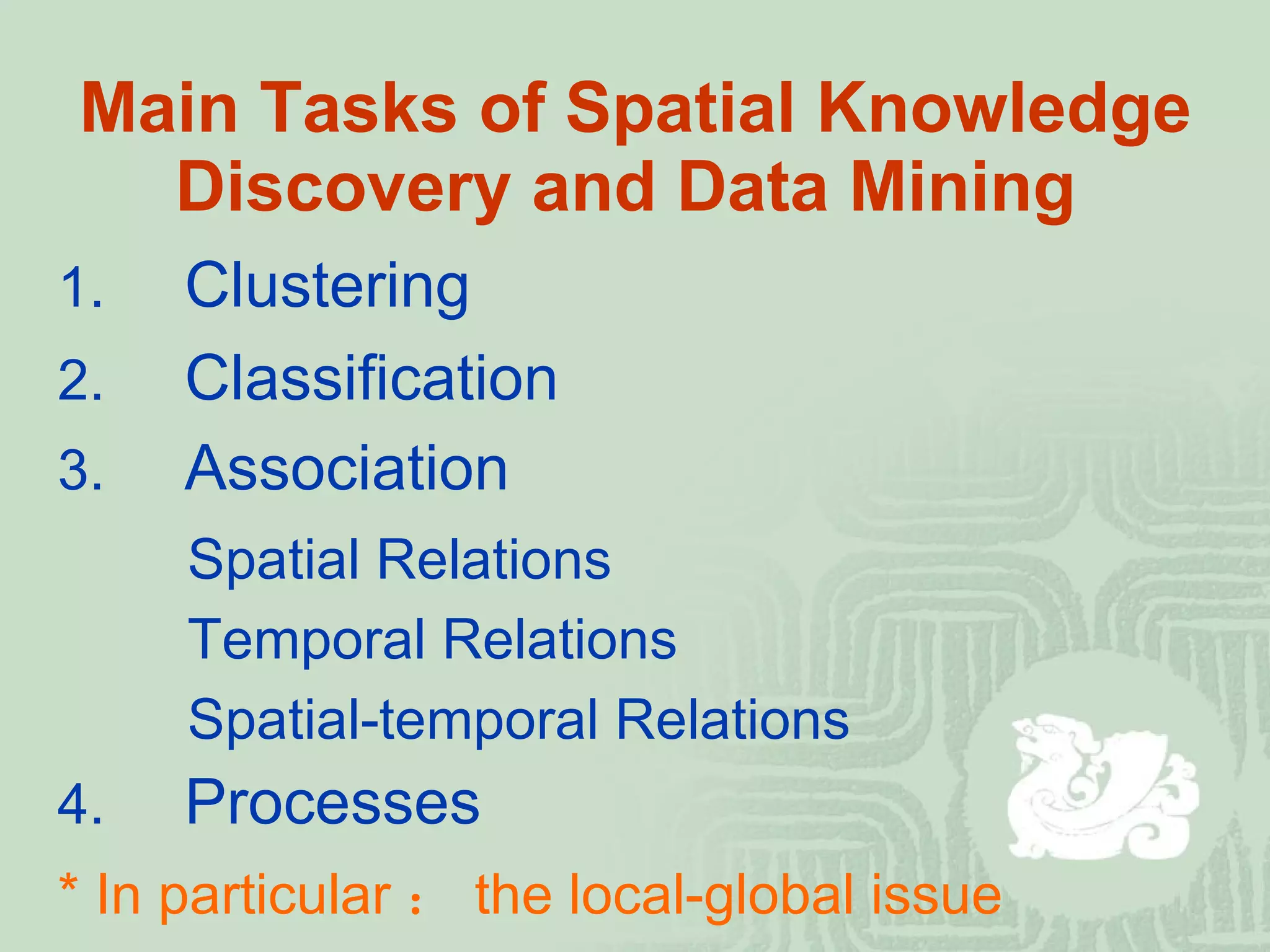 Main Tasks of Spatial Knowledge Discovery and Data Mining   1. Clustering   3. Association 2. Classification Spatial Relations Temporal Relations Spatial-temporal Relations *  In particular ： the local-global issue 4. Processes 