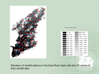 Elevation of rainfall stations in the East River basin with the  D2  values of their rainfall data.  Elevation (m above MSL) 