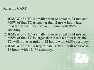 1. If MSW of a TC is smaller than or equal to 34 m/s and MSW of that TC is smaller than 2 m/s 6 hours later, then the TC will recurve in 12 hours with 96% accuracy. 2. If MSW of a TC is smaller than or equal to 34 m/s and MSW of that TC is larger than 2 m/s 6 hours later, the TC will move straight in 12 hours with 86.8% accuracy.  3. If MSW of a TC is larger than 34 m/s, it will recurve in 18 hours with 94.1% accuracy. Rules by CART 