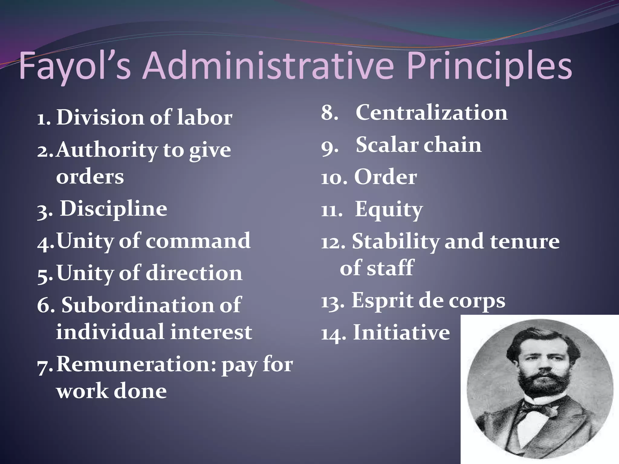 Fayol’s Administrative Principles
1. Division of labor
2.Authority to give
orders
3. Discipline
4.Unity of command
5.Unity of direction
6. Subordination of
individual interest
7.Remuneration: pay for
work done
8. Centralization
9. Scalar chain
10. Order
11. Equity
12. Stability and tenure
of staff
13. Esprit de corps
14. Initiative
 