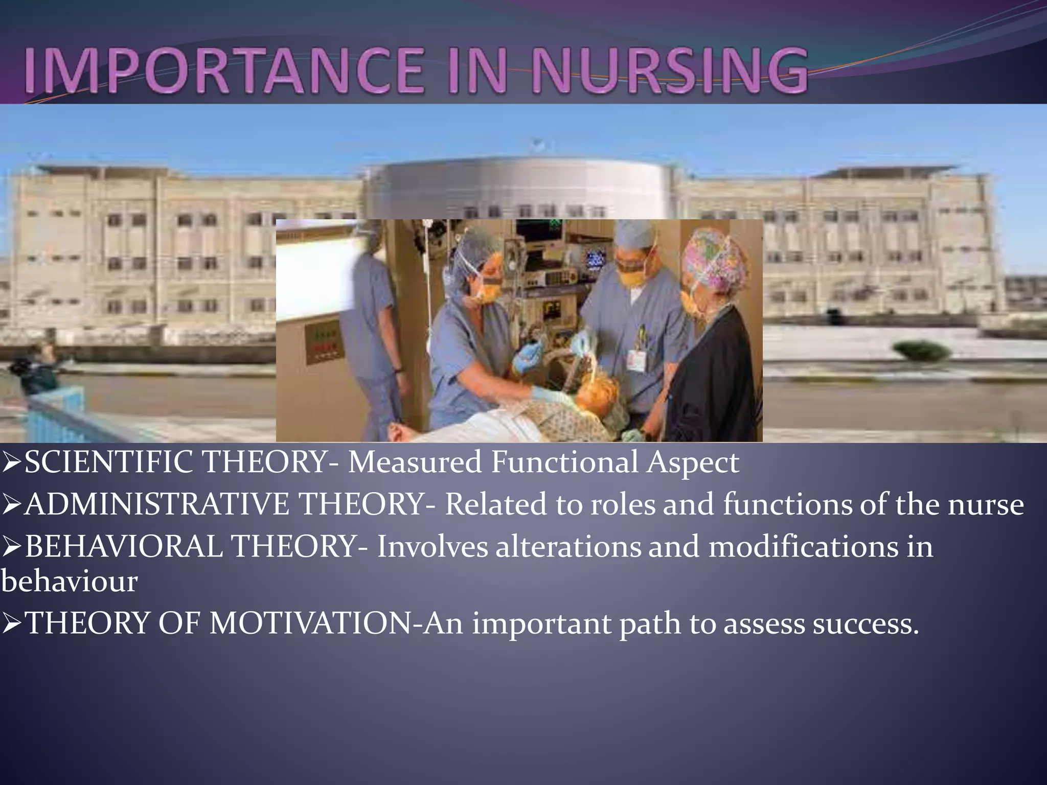 SCIENTIFIC THEORY- Measured Functional Aspect
ADMINISTRATIVE THEORY- Related to roles and functions of the nurse
BEHAVIORAL THEORY- Involves alterations and modifications in
behaviour
THEORY OF MOTIVATION-An important path to assess success.
 