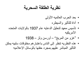 ‫نظرية الطلقة السحرية‬
                                ‫بعد الحرب العالميه األولى‬    ‫•‬
                                     ‫أداة للتأثير والسيطره‬   ‫•‬
  ‫تأسيس معهد لتحليل الدعايه عام 7391 بالواليات المتحده‬       ‫•‬
                                                 ‫األمريكيه‬
                ‫”غزو من المريخ“ – أورسن ولز – 8391‬           ‫•‬
‫هذه النظريه تنظر إلى الناس باعتبارهم مخلوقات سلبيه يمكن‬      ‫•‬
      ‫التأثير المباشر عليهم بمجرد حقنها بالوسائل اإلعالميه‬
 