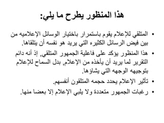 ‫هذا المنظور يطرح ما يلي:‬
‫المتلقي لإلعالم يقوم باستمرار باختيار الوسائل اإلعالميه من‬    ‫•‬
     ‫بين فيض الرسائل الكثيره التي يريد هو نفسه أن يتلقاها.‬
 ‫هذا المنظور يؤكد على فاعلية الجمهور المتلقي, إذ أنه دائم‬     ‫•‬
  ‫التقرير لما يريد أن يأخذه من اإلعالم, بدل السماح لإلعالم‬
                               ‫بتوجيهه الوجهه التي يشاؤها.‬
                   ‫تأثير اإلعالم يحدد حجمه المتلقون أنفسهم.‬   ‫•‬
    ‫رغبات الجمهور متعددة وال يلبي اإلعالم إال بعضا منها.‬      ‫•‬
 