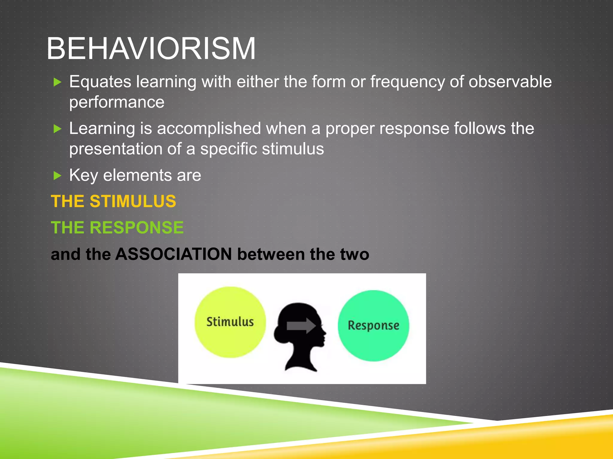 BEHAVIORISM
 Equates learning with either the form or frequency of observable
performance
 Learning is accomplished when a proper response follows the
presentation of a specific stimulus
 Key elements are
THE STIMULUS
THE RESPONSE
and the ASSOCIATION between the two
 