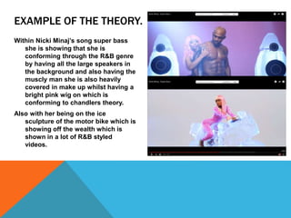 EXAMPLE OF THE THEORY.
Within Nicki Minaj’s song super bass
she is showing that she is
conforming through the R&B genre
by having all the large speakers in
the background and also having the
muscly man she is also heavily
covered in make up whilst having a
bright pink wig on which is
conforming to chandlers theory.
Also with her being on the ice
sculpture of the motor bike which is
showing off the wealth which is
shown in a lot of R&B styled
videos.
 