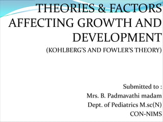 THEORIES & FACTORS
AFFECTING GROWTH AND
         DEVELOPMENT
     (KOHLBERG’S AND FOWLER’S THEORY)




                             Submitted to :
                Mrs. B. Padmavathi madam
                Dept. of Pediatrics M.sc(N)
                                CON-NIMS
 