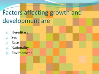 Factors affecting growth and
development are
 1.   Hereditary
 2.   Sex
 3.   Race
 4.   Nationality
 5.   Environment
 
