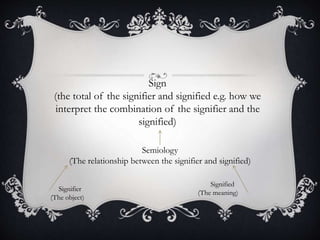 Signifier
(The object)
Signified
(The meaning)
Semiology
(The relationship between the signifier and signified)
Sign
(the total of the signifier and signified e.g. how we
interpret the combination of the signifier and the
signified)
 