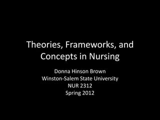 Theories, Frameworks, and
   Concepts in Nursing
       Donna Hinson Brown
   Winston-Salem State University
             NUR 2312
            Spring 2012
 