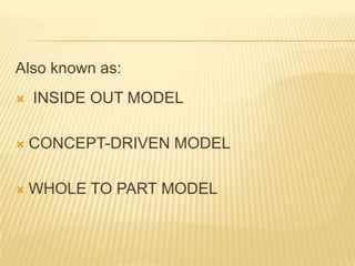 Also known as:
   INSIDE OUT MODEL

   CONCEPT-DRIVEN MODEL

   WHOLE TO PART MODEL
 