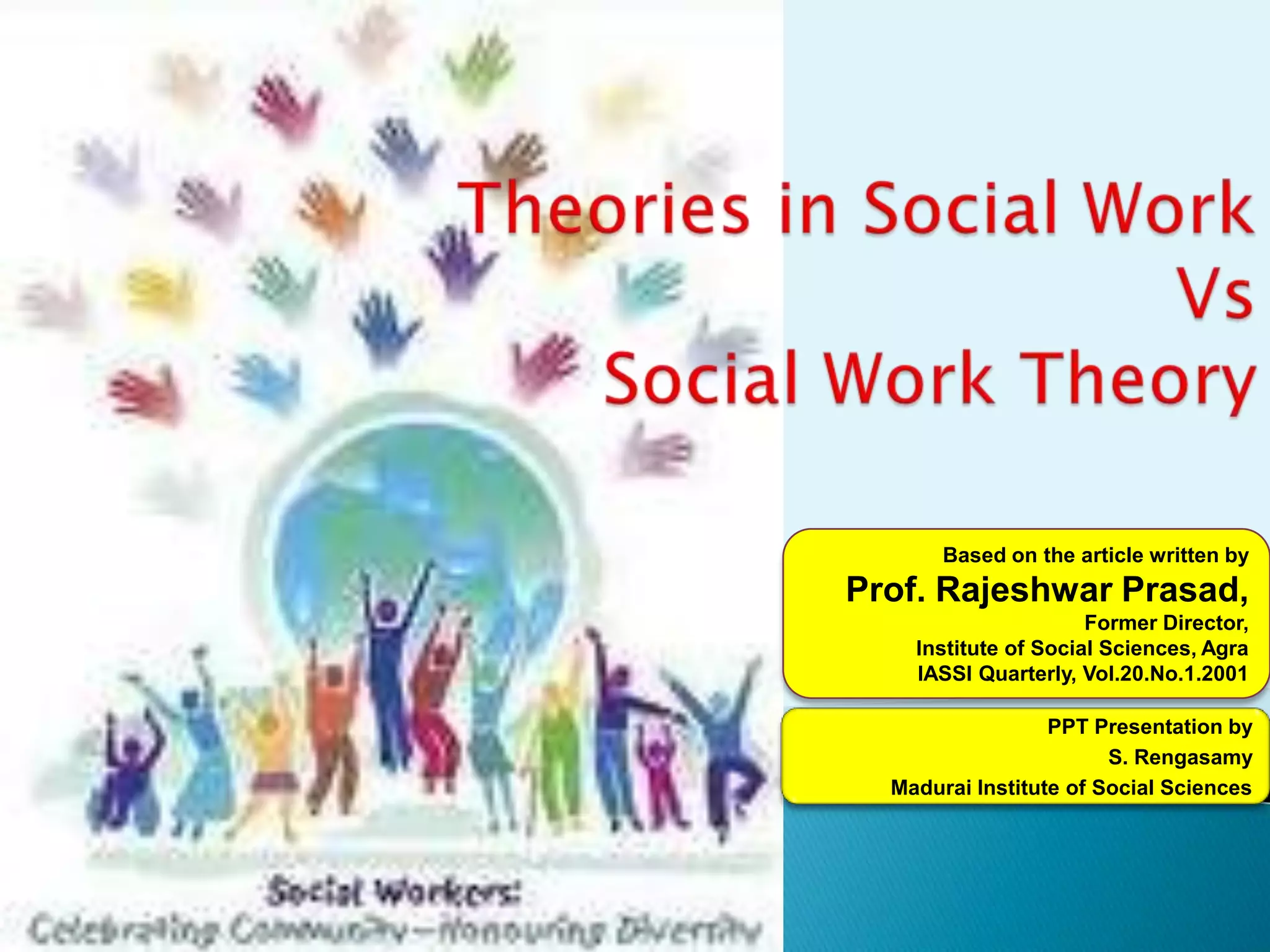 Theories in Social Work Vs Social Work Theory Based on the article written by Prof. Rajeshwar Prasad,Former Director, Institute of Social Sciences, Agra IASSI Quarterly, Vol.20.No.1.2001PPT Presentation by S. RengasamyMadurai Institute of Social Sciences