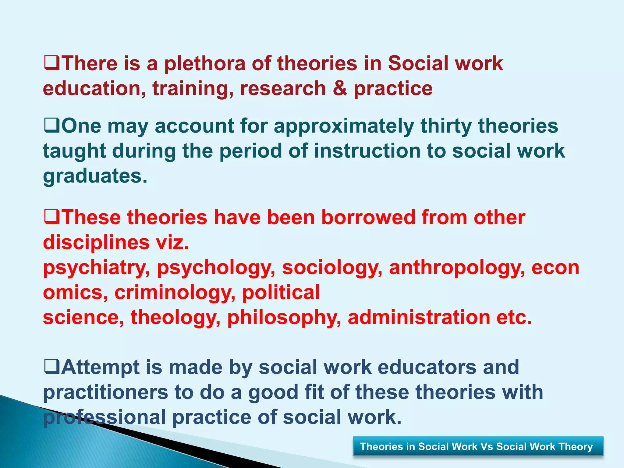 There is a plethora of theories in Social work education, training, research & practice 