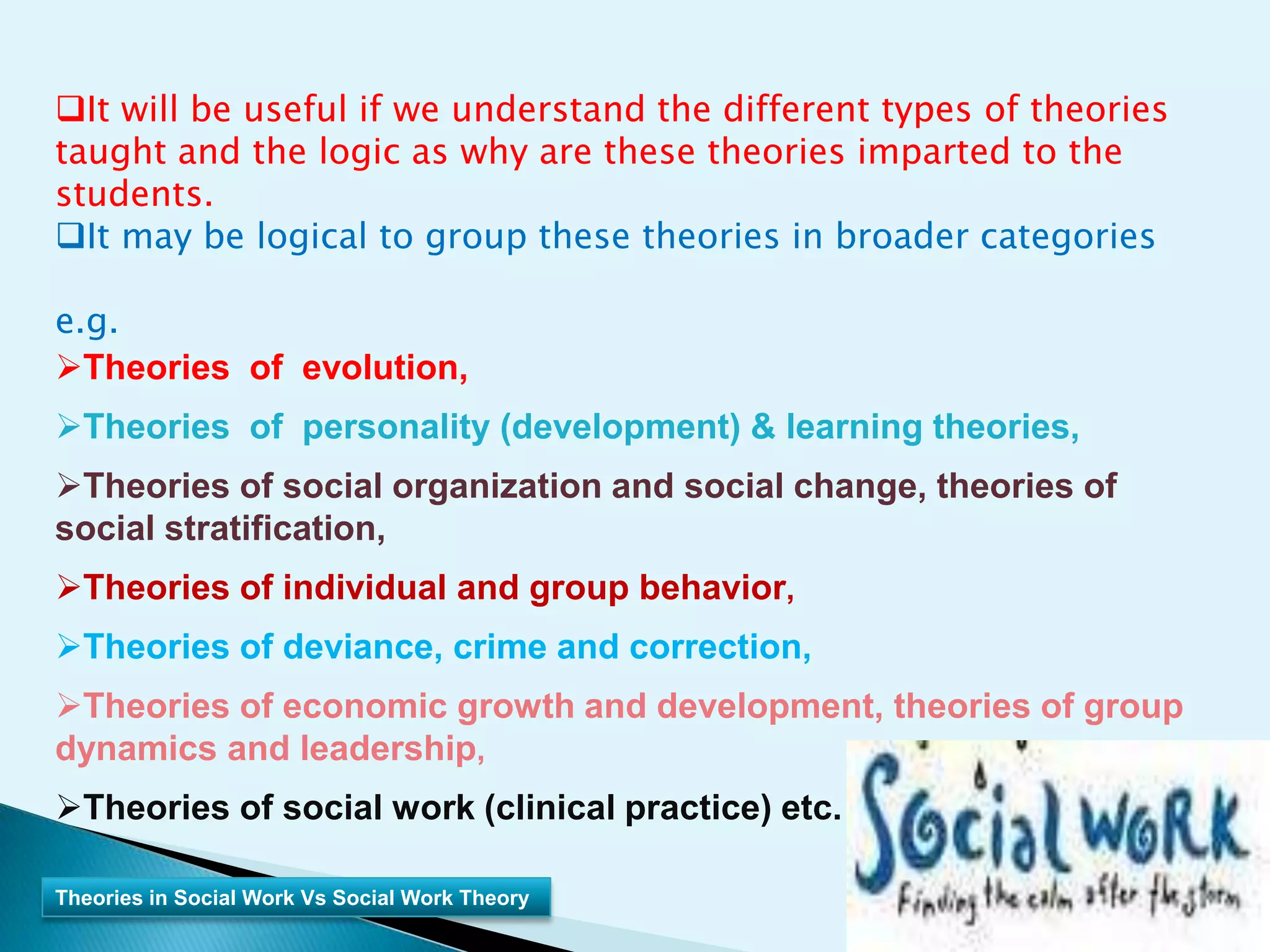One may account for approximately thirty theories taught during the period of instruction to social work graduates. 