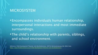 MICROSYSTEM
•Encompasses individuals human relationship,
interpersonal interactions and most immediate
surroundings.
•The child’s relationship with parents, siblings,
and school environment.
Reference: Child Development Theories: Urie Bronfenbrenner. (2019). Retrieved January 28, 2020, from
https://www.firstdiscoverers.co.uk/child-development-theories-urie-bronfenbrenner/.
 