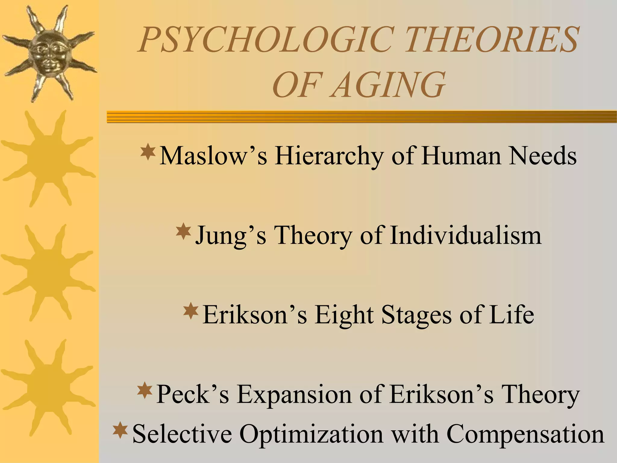 PSYCHOLOGIC THEORIES
OF AGING
Maslow’s Hierarchy of Human Needs
Jung’s Theory of Individualism
Erikson’s Eight Stages of Life
Peck’s Expansion of Erikson’s Theory
Selective Optimization with Compensation
 
