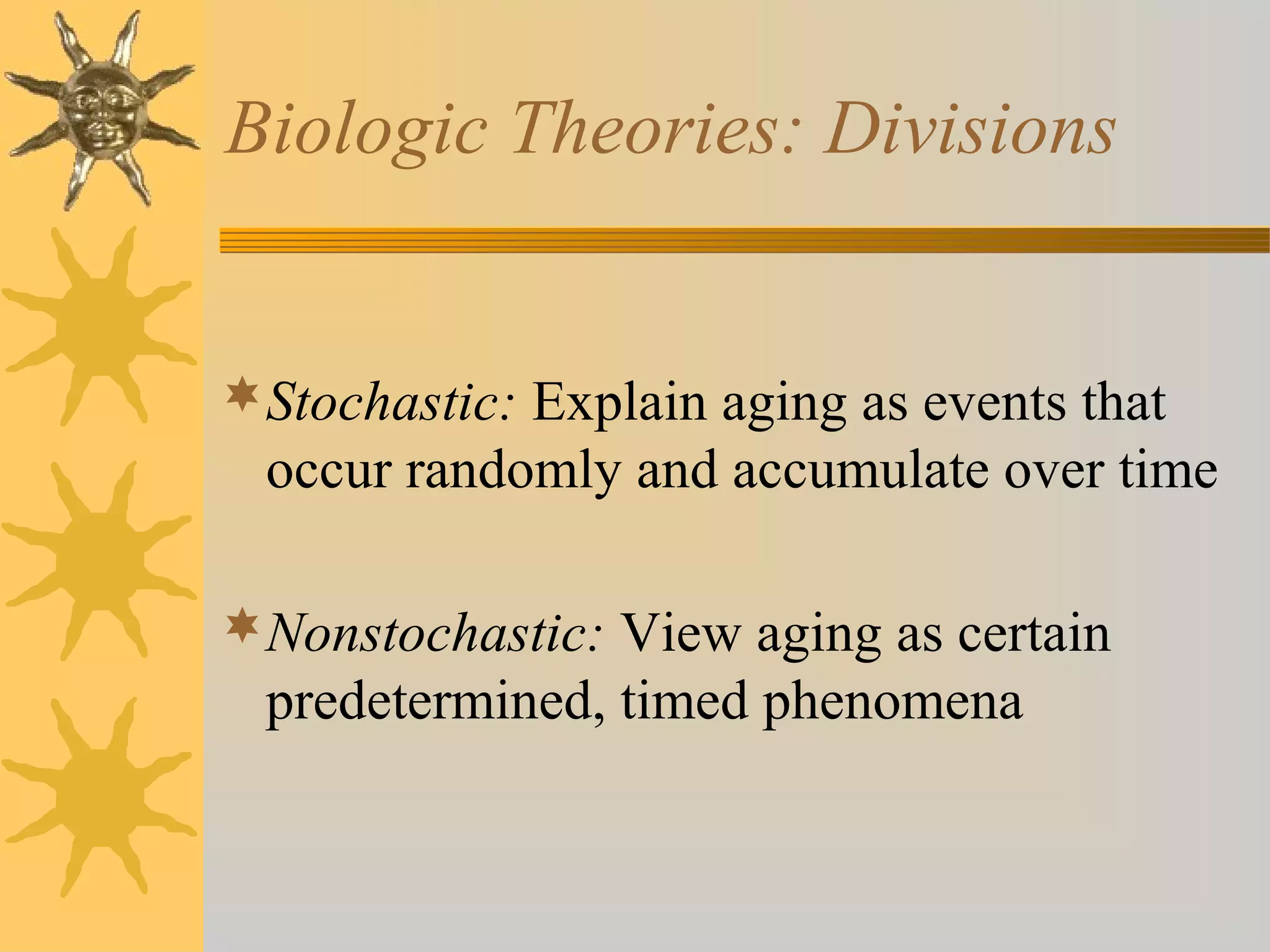 Biologic Theories: Divisions
Stochastic: Explain aging as events that
occur randomly and accumulate over time
Nonstochastic: View aging as certain
predetermined, timed phenomena
 