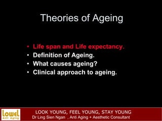 Theories of Ageing <ul><li>Life span and Life expectancy. </li></ul><ul><li>Definition of Ageing. </li></ul><ul><li>What c...