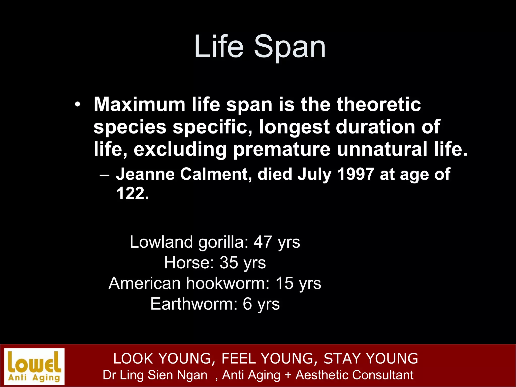 Life Span Maximum life span is the theoretic species specific, longest duration of life, excluding premature unnatural life. Jeanne Calment, died July 1997 at age of 122. Lowland gorilla: 47 yrs Horse: 35 yrs American hookworm: 15 yrs Earthworm: 6 yrs 