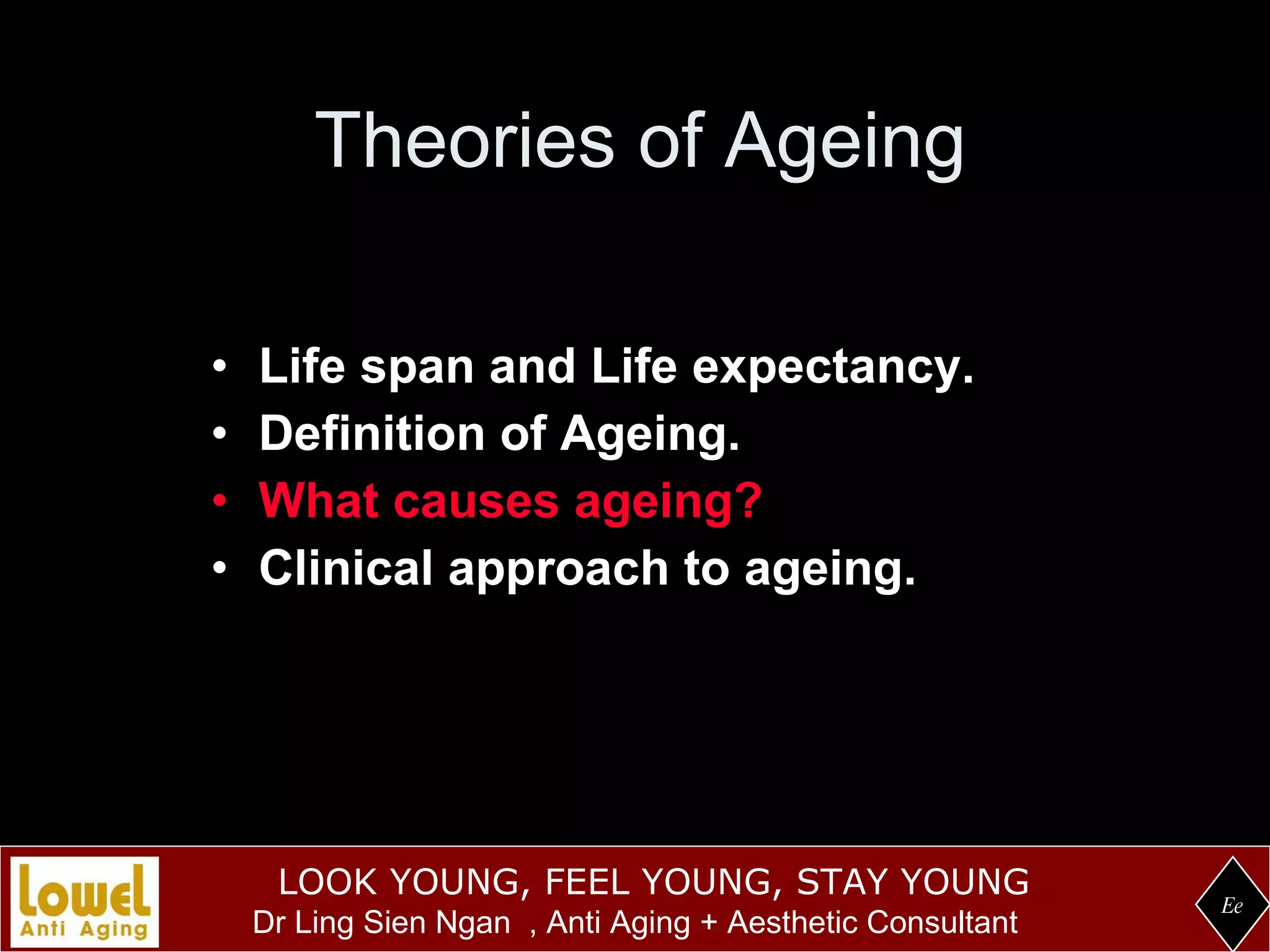 Theories of Ageing Life span and Life expectancy. Definition of Ageing. What causes ageing? Clinical approach to ageing. Ee 